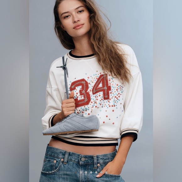 Anthropologie Pilcro Beaded Crewneck Varsity Sweatshirt in White - Picture 3 of 5